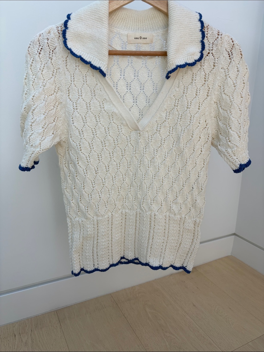 Cream V-Neck Knit Sweater with Blue Trim